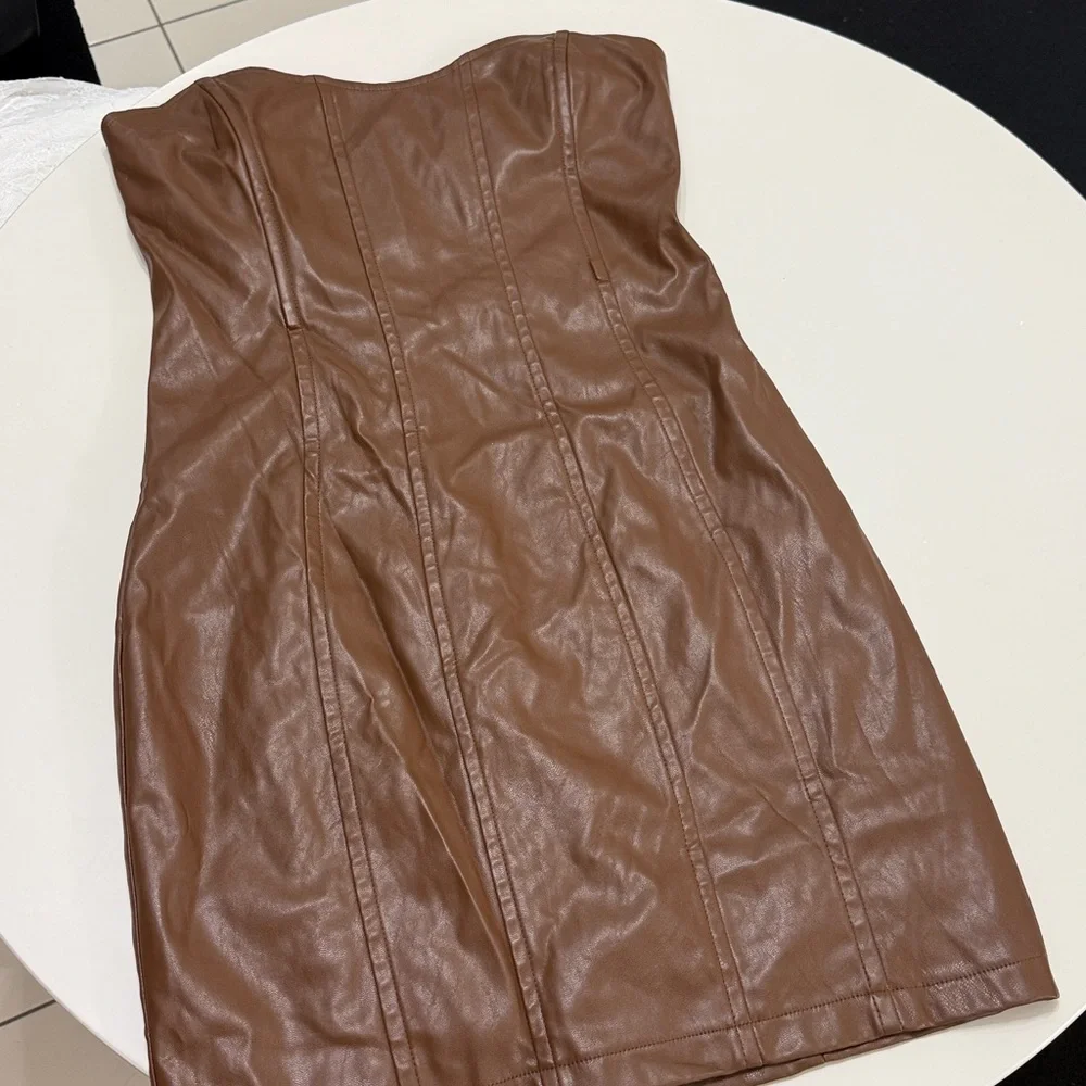Princess Polly Brown Strapless Leather Dress Jessica Pu Mini Dress Brown size 4‎